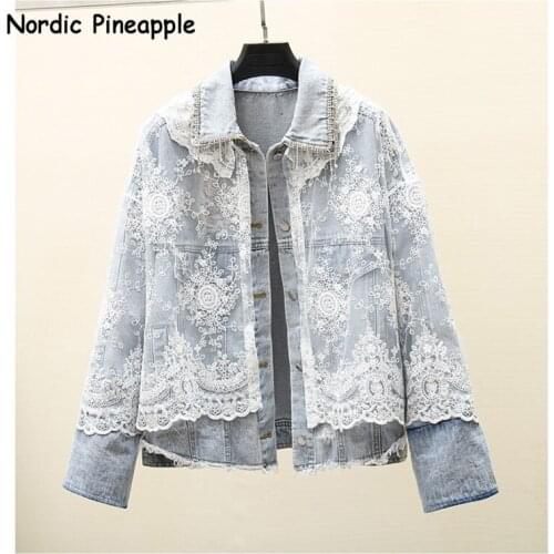 2020 women streetwear lace patchwork denim jacket for women diamond tassel sequined jeans coat women white lace autum jacket