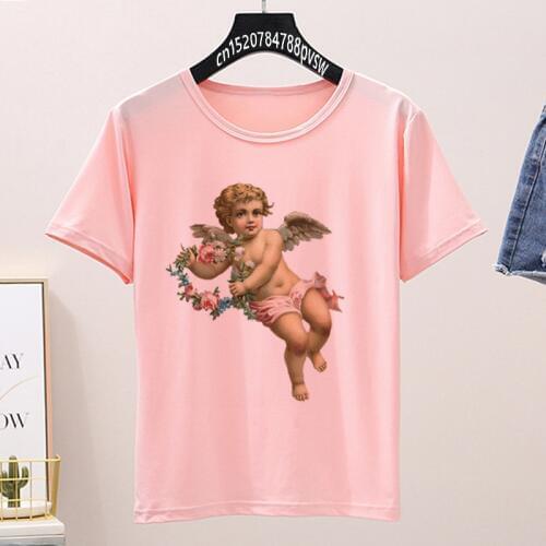 Women Funny Angel Baby Pink Print T Shirt Summer Short Sleeve Harajuku WhiteT-shirt Girl 90s Ullzang KPOP Tops Tees