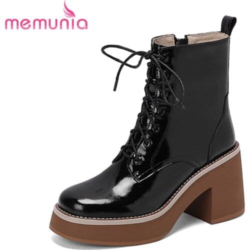 MEMUNIA Top Quality Patent Leather Winter Ankle Boots Women Shoes High Heels Cross Tied Zipper Round Toe Comfortable Women Boots
