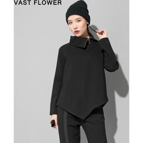 Women Black Asymmetrical T Shirt Lapel Long Sleeve Zipper Loose Casual Fashion Tee Shirt Femme Tops Clothes Spring Autumn 2021