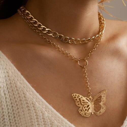 HuangTang Boho Big Hollow Butterfly Pendant Necklace for Women Multilayer Gold Metal Links Sweater Chain Jewelry Collar 2021 NEW