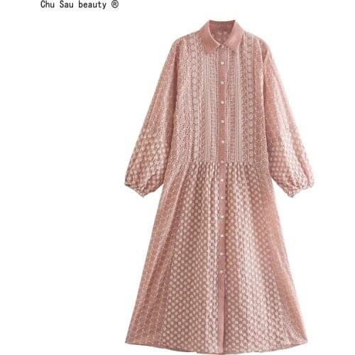 2021 New Fashion Pink Puff Sleeve Long Sleeve Embroidered Loose Vintage Lapel Hollow Single Breasted Dress Women Vestido Chic