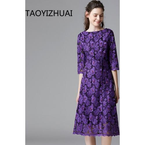 TAOYIZHUAI autumn new casual style purple color plus size dress straight loose vintage o neck natural waist floral dress 14290
