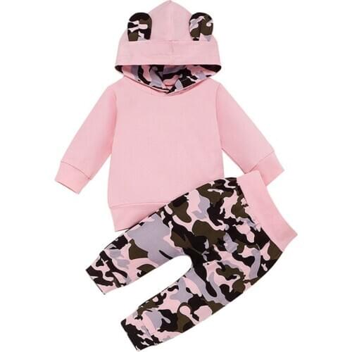 Baby Girls Ears Hooded Clothes Set Infant Winter Cotton Camouflage Pullover Tops+Pants Clothing Toddler Infant Sweatshirts 0-24M