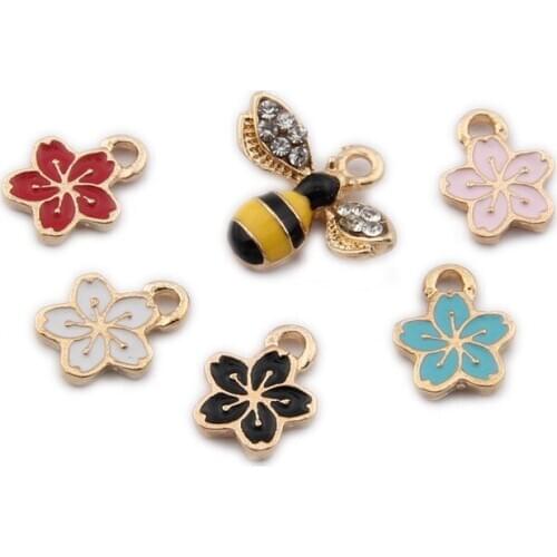 10pcs Enamel Cute Crystal Bee Flower Charms Pendant for Jewelry Making Supplies Alloy Metal Drop Oil Findings for Necklace