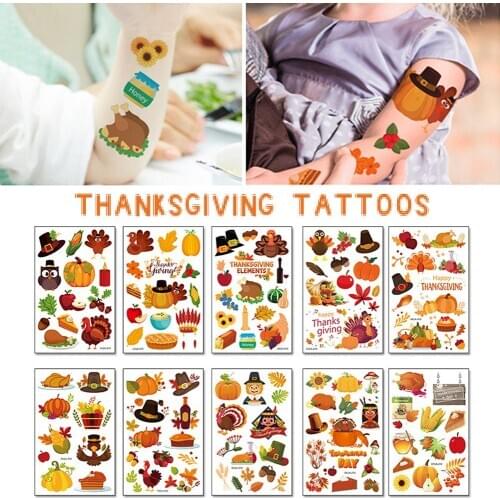 10pcs Thanksgiving Tattoo Stickers Waterproof Sweat Autumn Harvest Festival Maple Fruit Turkey Pumpkin Tattoo Stickers