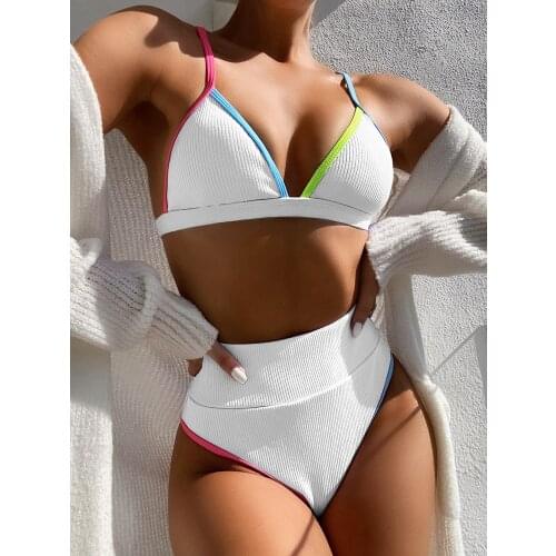 2021 purple & green ,white High Waist Bikinis Swimsuits Push Up Swimwear Women Strap Bathing Suit Women Solid Biquini Beachwear