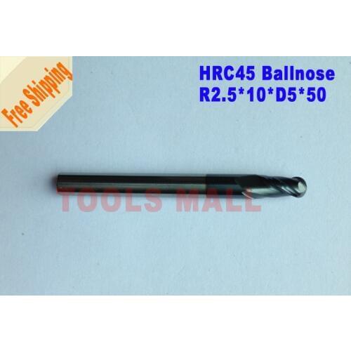 Free Shipping-5pcs 2.5mm Radius 2 Flutes 5mm Ballnose Spiral Bit Milling Tools Carbide CNC End mills HRC45 R2.5*10*D5*50