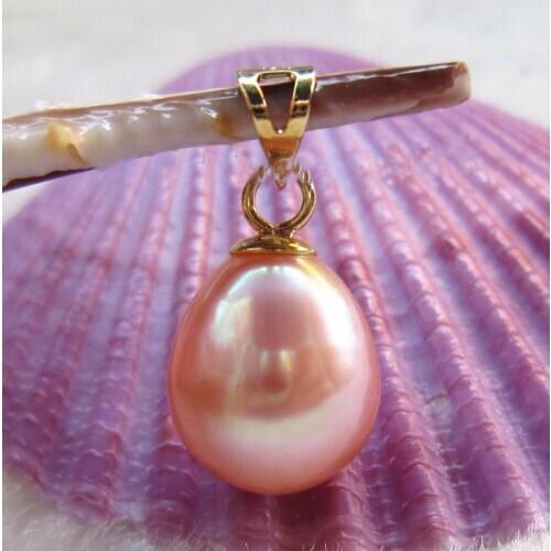 AAA 10X12mm natural PINK pearl south China sea pendant 14k yellow gold