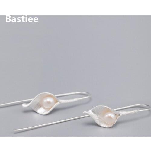 Bastiee Dangle Pearl Long Earrings 925 Sterling Silver Jewelry For Women Calla Lily Flower Drop Earings Handmade Vintage Gifts