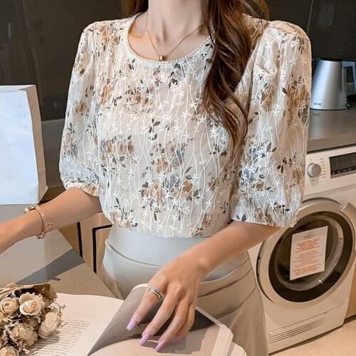 Blouse Women Beaded Embroidered Short Sleeve Shirt 2021 Summer Casual Top Blusa Mujer