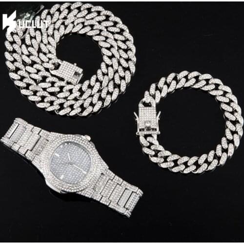 Charm Jewelry SetNecklace +Watch+Bracelet Hip Hop Miami Curb Cuban Chain Silver Color Full Iced Out Paved Rhinestones Bling
