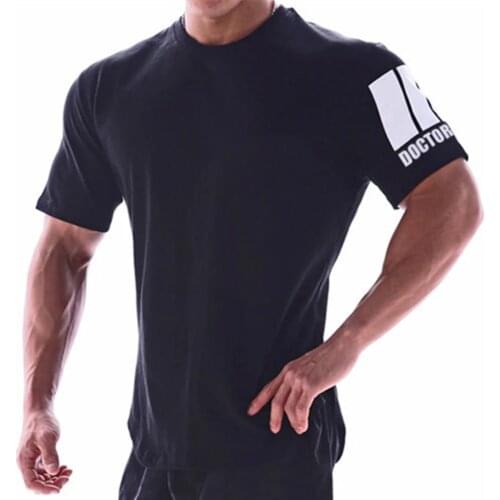 Black Running Sport t shirt Men Gym Fitness T-shirt Cotton Skinny Tees Tops Summer Male Bodybuilding Training Crossfit Clothing