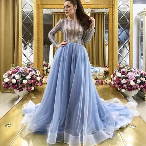 Elegant Sky Blue Long Sleeve Prom Formal Dresses 2020 Beaded Evening Gowns Occasion Party Dress Robe de soiree Abendkleider