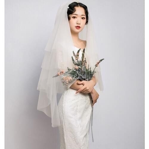 Tulle Cut Edge Wedding Veils With Comb Four Layer Mix Color White Champagne Short Bridal Veil Wedding Accessories Velos De Novia