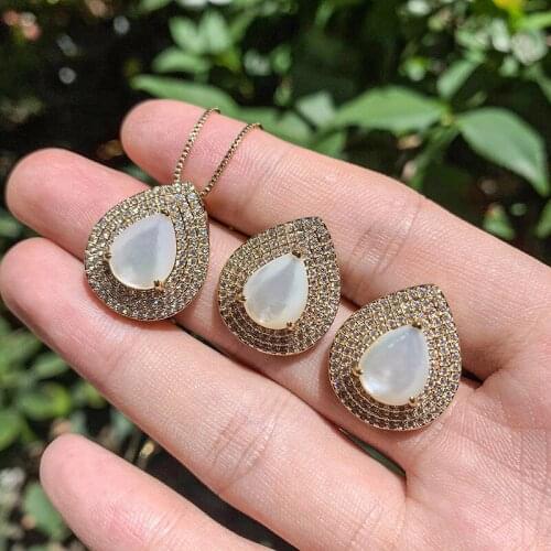 Funmode 3pcs Waterdrop Shell Pendientes Necklace Gold Color Dubai Jewelry Sets For Women Bridal Gifts FS32