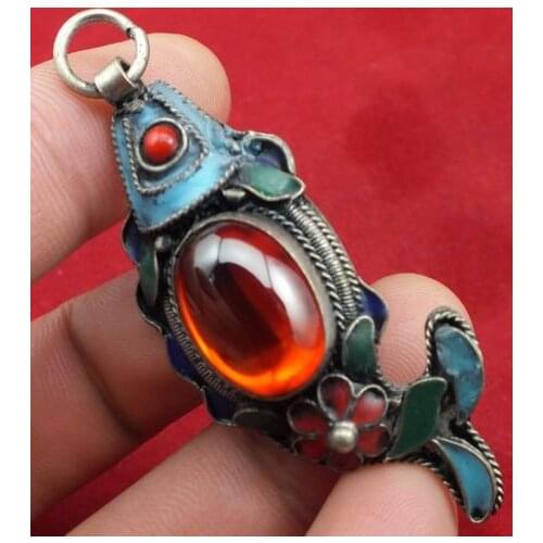 Exquisite Chinese cloisonne Tibetan silver Imitation Red Zircon Fish pendant