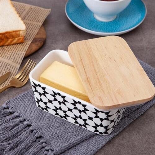 1Pc Patterned Ceramic Butter Plate Butter Keeper Butter Dish with Wood Lid