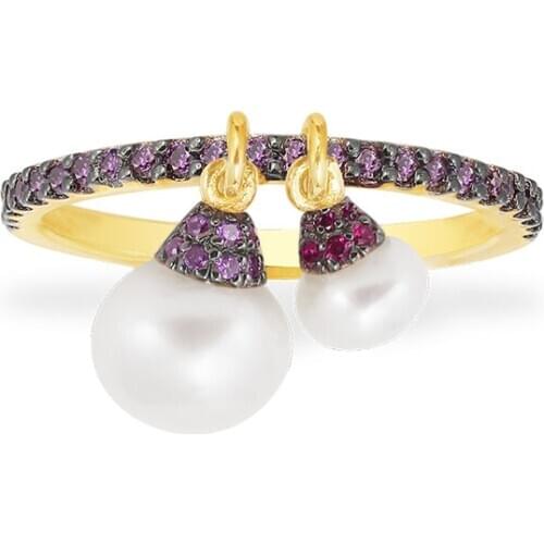 SLJELY High Quality Fashion Real 925 Sterling Silver Purple and Burgundy Ring with Sliding Pearls Zircon Women Brand Jewelry