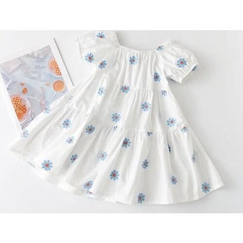 Menoea 2021 Kids Girls Casual Costumes Summer Children Short Sleeve Embroidery Flower Dresses Kids Sweet Party Princess Dress