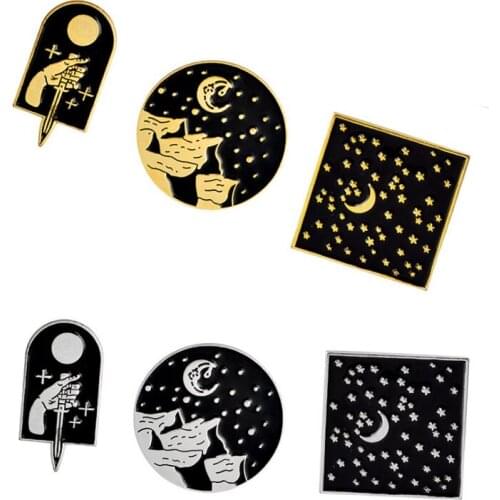 Fashion Shirt Collar Enamel Pins Dripping Oil Brooches for Women Vintage Moon Starry Sky Dagger Brooch Decoration Jewelry Gifts
