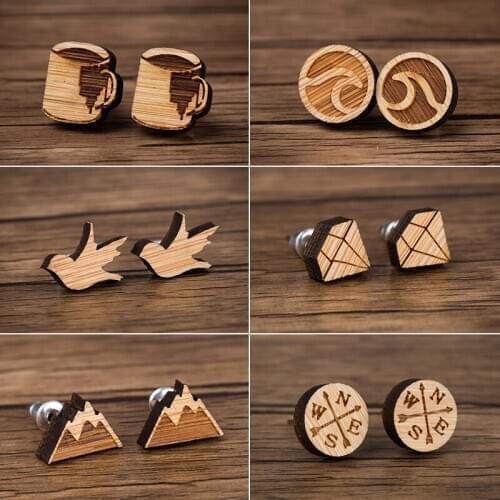 Oly2u Trendy Wooden Animal Stud Earrings for Women Kids Snow Mountain Earings Cute Birds Fox Earing Jewelry Accessories Gifts