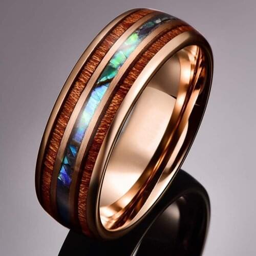 Fashion 8mm Rose Gold Tungsten Carbide Rings Hawaiian Koa Wood and Abalone Shell Opal Inlay Ring Wedding Band Mens Jewelry