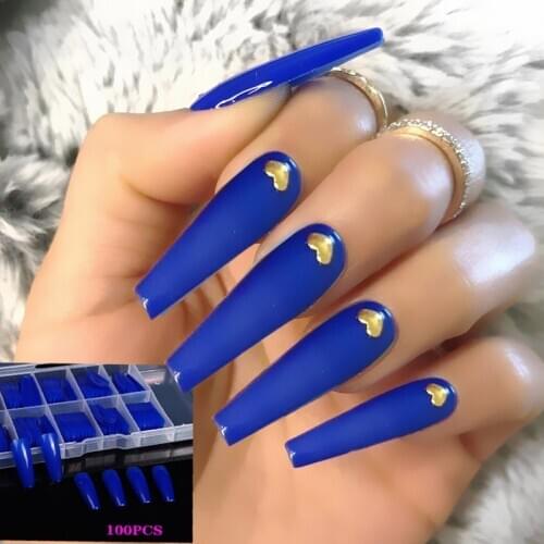 Press nail 100 pcs / box long coffin high heeled shoe fake nails blue acrylic new design ballet dancer Nail Art Tips false nail