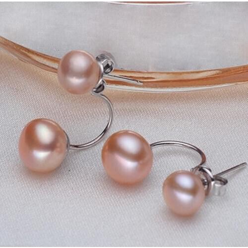 New Style Womens Double Pink Freshwater Pearl Silver color Stud Earring