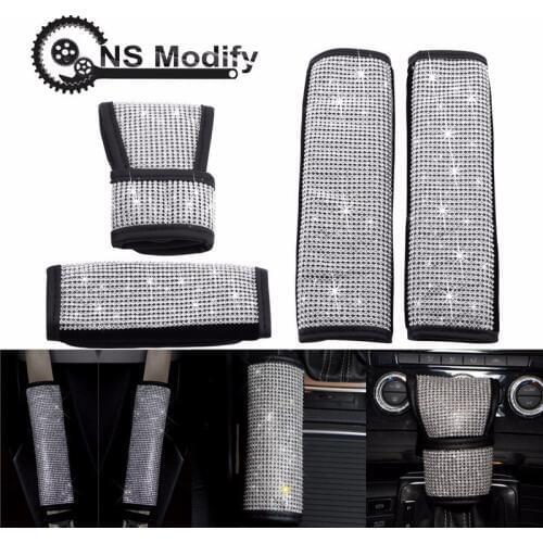 NS Modify Auto Handbrake Cover Plush Full Diamond Gear Shifter Knob Cover Seat Belt Cover Girls Car interior accessories
