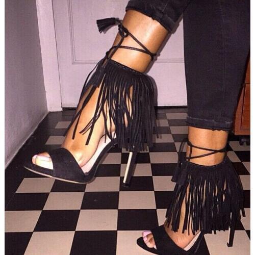 Solid black women tassels sandals sandale femme ete 2017 summer peep toe ankle strap high heels dress sandal fringed women pumps