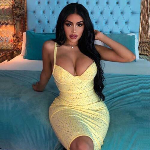Wholesale 2020 summer New womans dress Yellow pink Rhinestone Sexy luxurious celebrity Boutique cocktail party bandage dress