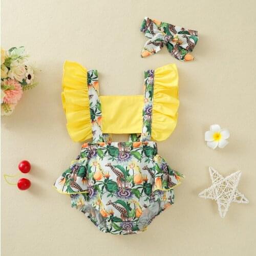 0-24M Cute Baby Romper Newborn Infant Girl Cartoon Giraffe Ruffle Sleeveless Backless Bandage Jumpsuit Headband Summer Clothing