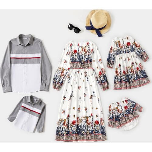 PatPat Allover Plant Print and Splice Long-sleeve Matching Family Sets