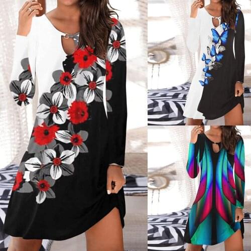 2021 Autumn Winter Dress Womens Fashion Sexy Vintage O-Neck Long Sleeve Printed Round Button Dresses платья для женщин