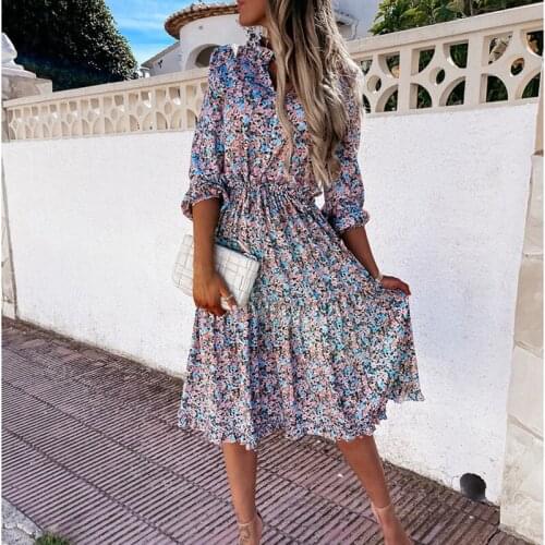 Hirigin Women Elegant V-Neck High Waist Party Dress Vintage Floral Print Ruffles Dresses Spring Summer Long Sleeve Casual Dress