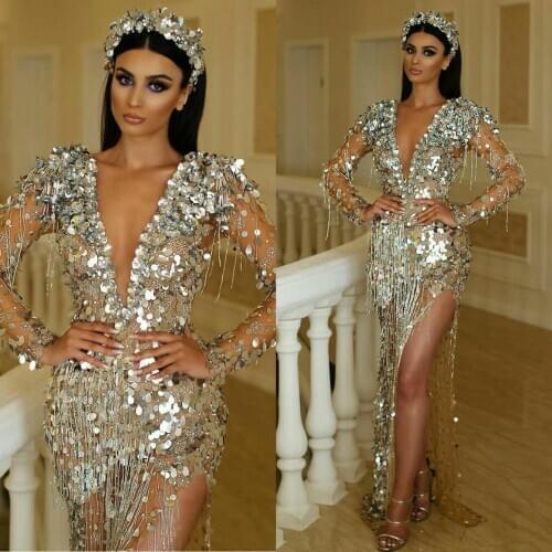 Deep V Neck Sequined Prom Dresses Long Sleeves Tassel Beaded Dubai Floor Length Side Split Evening Gowns 2020 Pageant Dress
