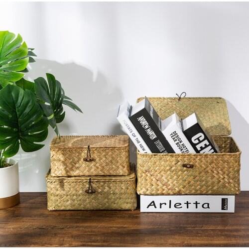 Wicker Woven Storage Box with Lids Seagrass Storage Finishing Baskets Sundries Jewelry Cosmetic Clothes Container Home Organizer