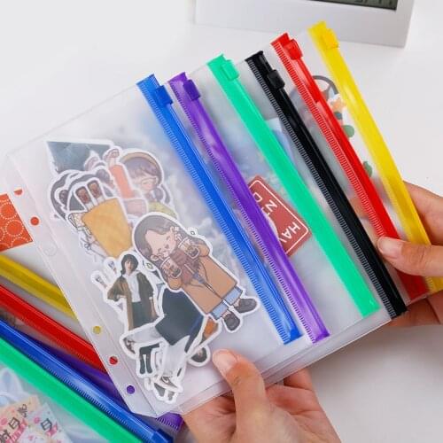 6pcs A5 A6 PVC 6 Holes Transparent Bags With Colorful Zipper Bag Notebook Accessory Card Holder Bag Pouch Diary Planner Passpor