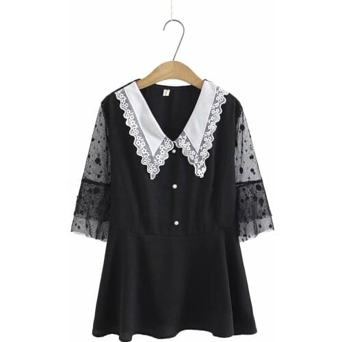 Plus size lace patchwork peter pan collar flare sleeve women shirts 2021 summer NEW casual ladies loose blouse female