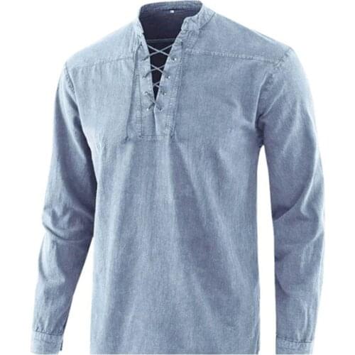 Fashion Casual Long Sleeve Mens Shirts Harajuku Loose Solid Tops Pullover Men Spring Autumn Drawstring V-Neck Shirt Streetwear