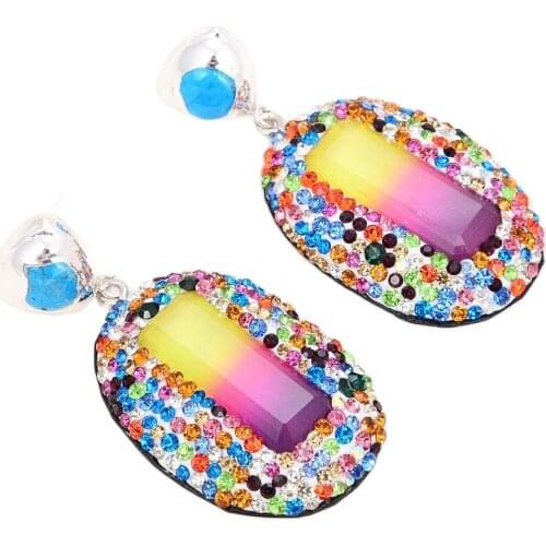 JK Colorful Jade Crystal Trimmed With Cz Pave Insect White Gold Plated Blue Turquoise Dangle Stud Earrings