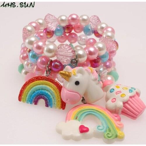 MHS.SUN 4PCS New Cartoon Unicorn/Mermaid/Rainbow Charm Bracelet DIY Beaded Elastic Bangles For Kids Girls Jewelry Baby Gift