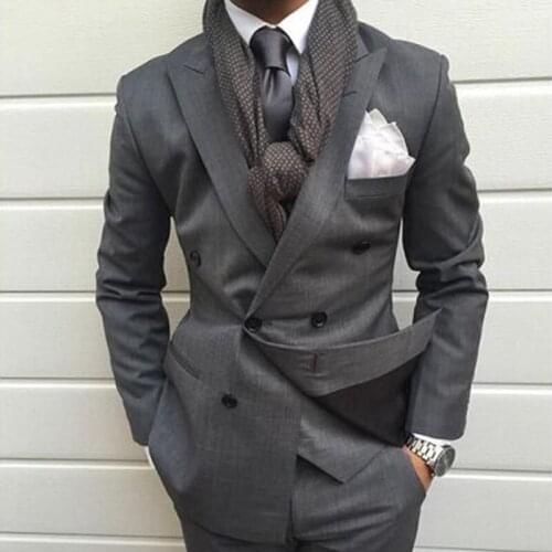 Dark Grey Double Breasted Slim Fit Men Suit 2 Piece Groom Wedding Tuxedo for Dinner Business Formal Male Fashion Jacket Pants