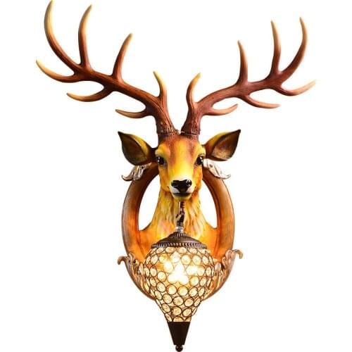 Vintage Deer Head Hanging Craft Lamp Decor Resin Nordic American Retro Creative Living Room Dining Hall Corridor Aisle Wall Lamp