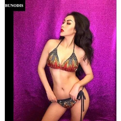 ZD289 Women Sexy Bikini Full Of Colors Glass Sparkling Crystals Bodysuit Nightclub Birthday Beach Party Fashion Bling Costumes