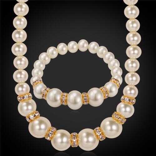 Pearl Beads Jewelry Necklace Pendant Bracelet Set Clear Austrian Rhinestone Bridal Jewelry Necklace Gift Bracelet Women NH844