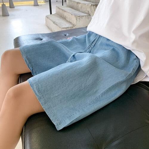 Womens Knee-length Shorts 2021 Summer Denim Shorts Elastic Waist Loose Casual Solid Blue Jeans Shorts Women Wide Leg Short Pant