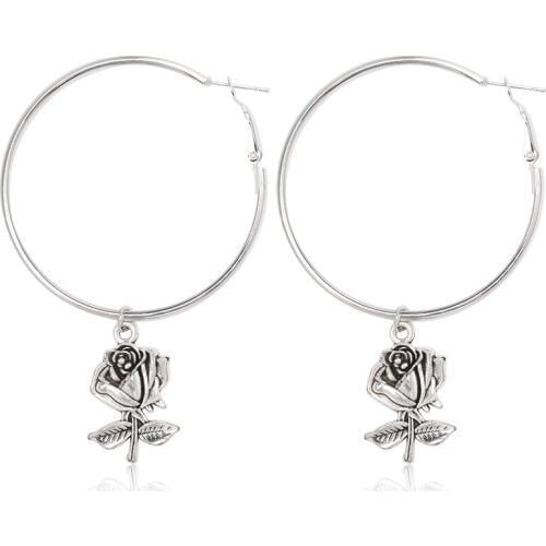 Vintage Bronze Silver Plated Rose Flower Pendant Women Retro Big Circle Hoop Earrings
