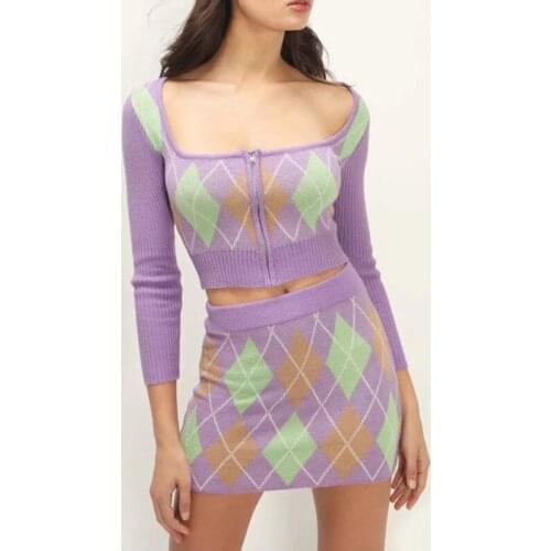 Women Square Neck Zip Through Front Argyle Knit Crop Cardigan Co ord Knitted Argyle Mini Skirt Co ord Two Pieces Knit Set ET8Y